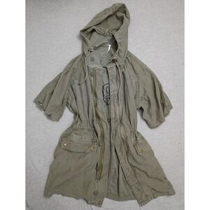 Free People Olive Green Utility Field Jacket Hooded Short Sleeve Frayed Hem Med